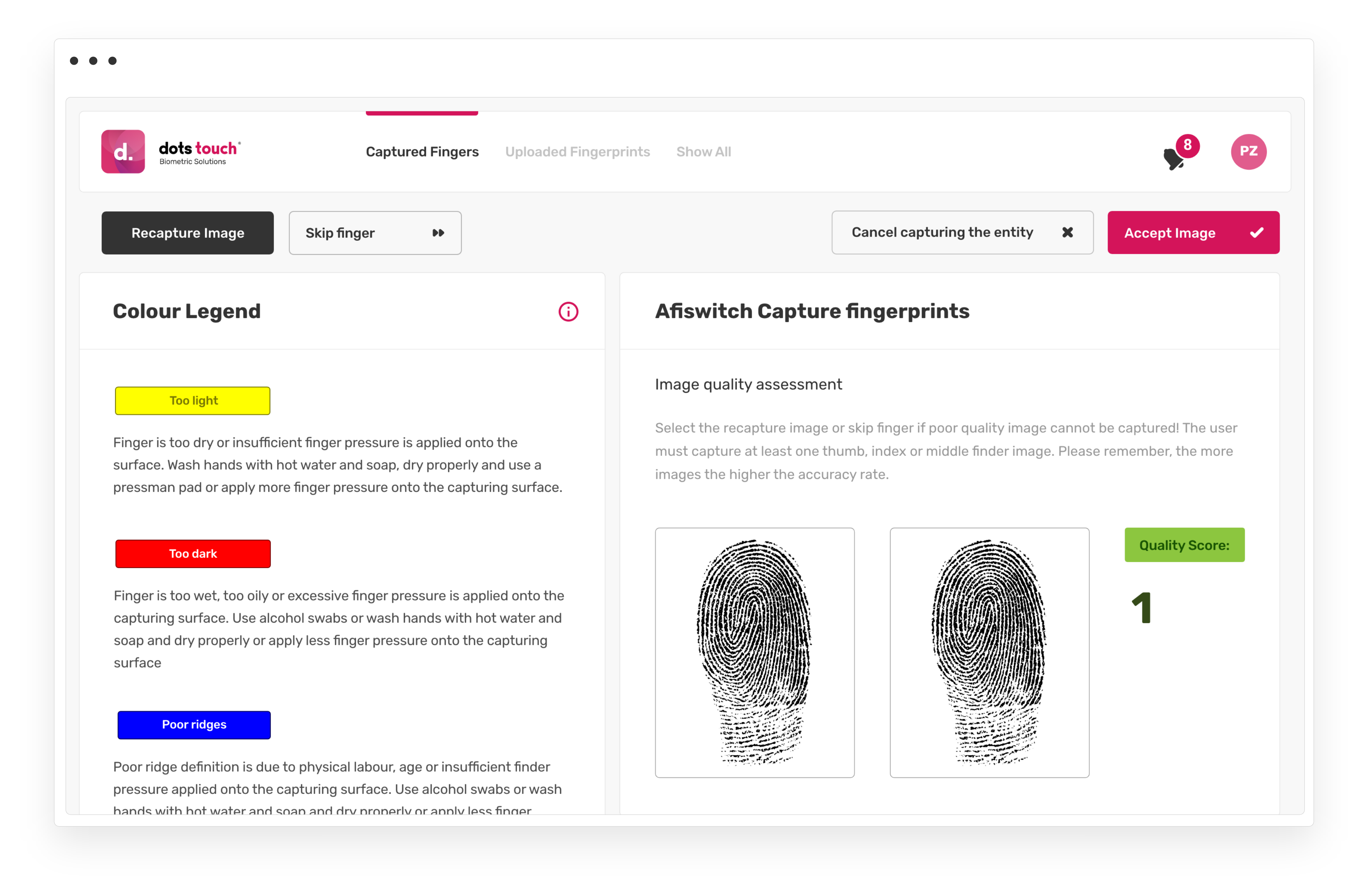 Fingerprints captured screen