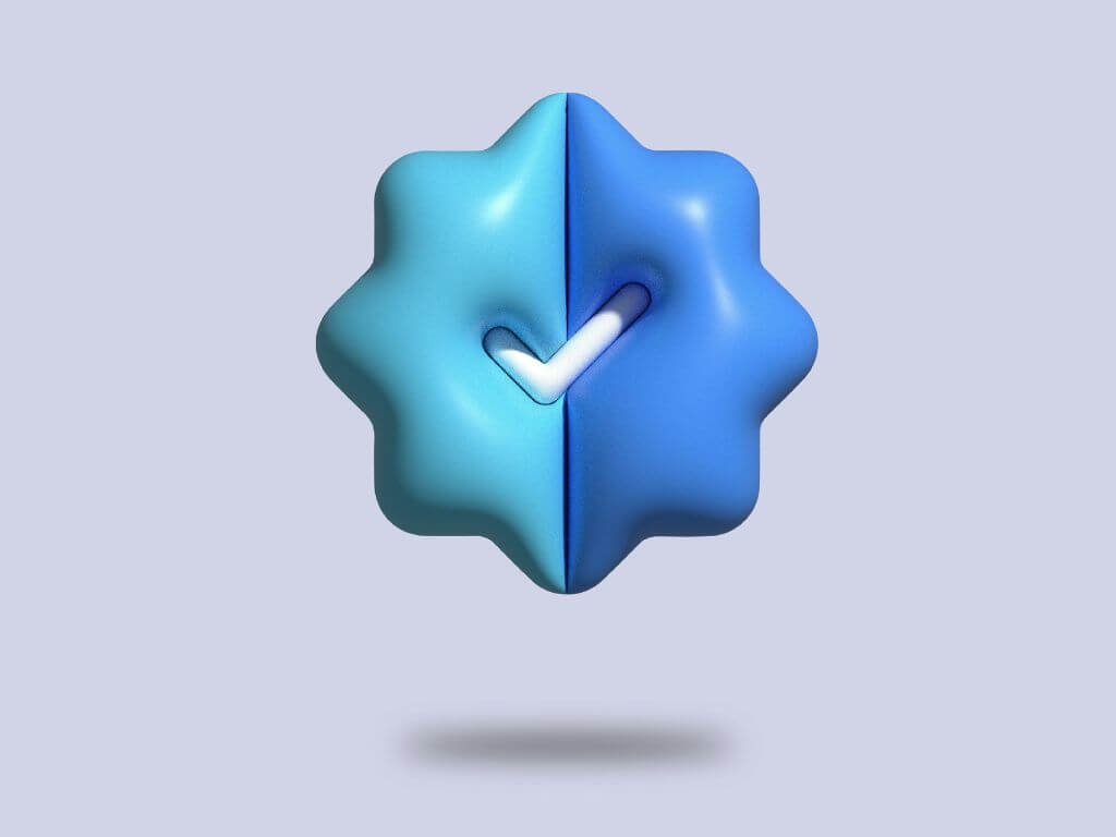 3D illustration of a blue verification badge with a checkmark