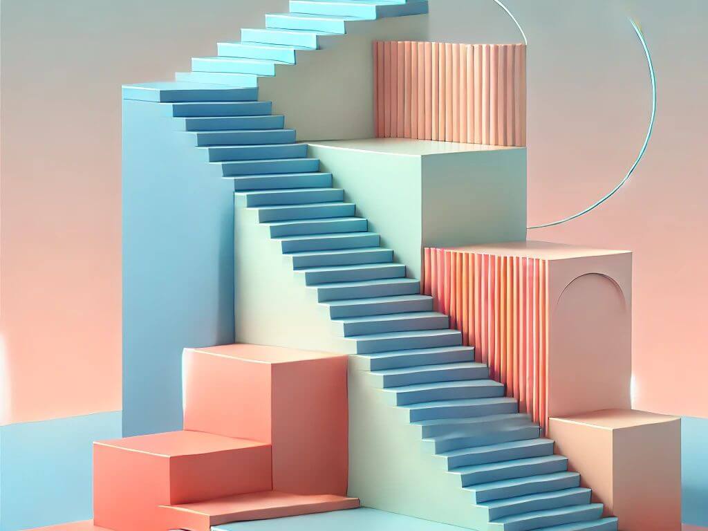 A modern pastel staircase with gradient colors in a surreal setting